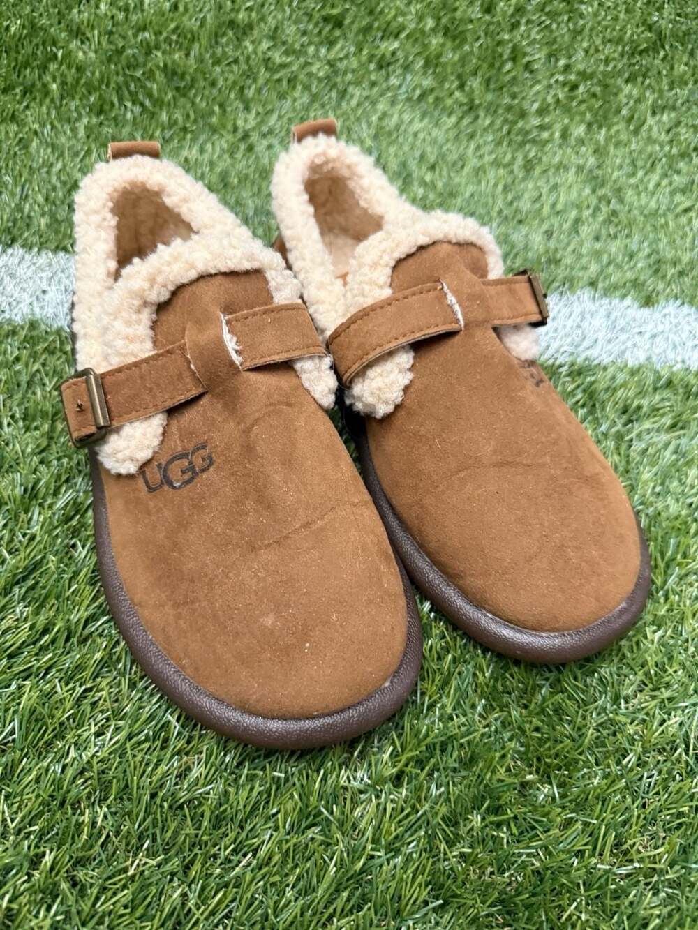 UGG Brown Suede Shearling Fur-Lined Buckle Strap Slip-On Clog Slippers